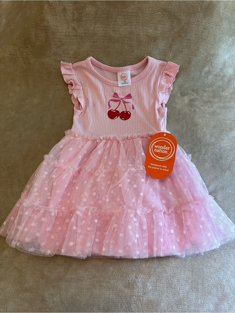 wonder nation Pink Polka Dot Tulle Dress with Cherry Graphic